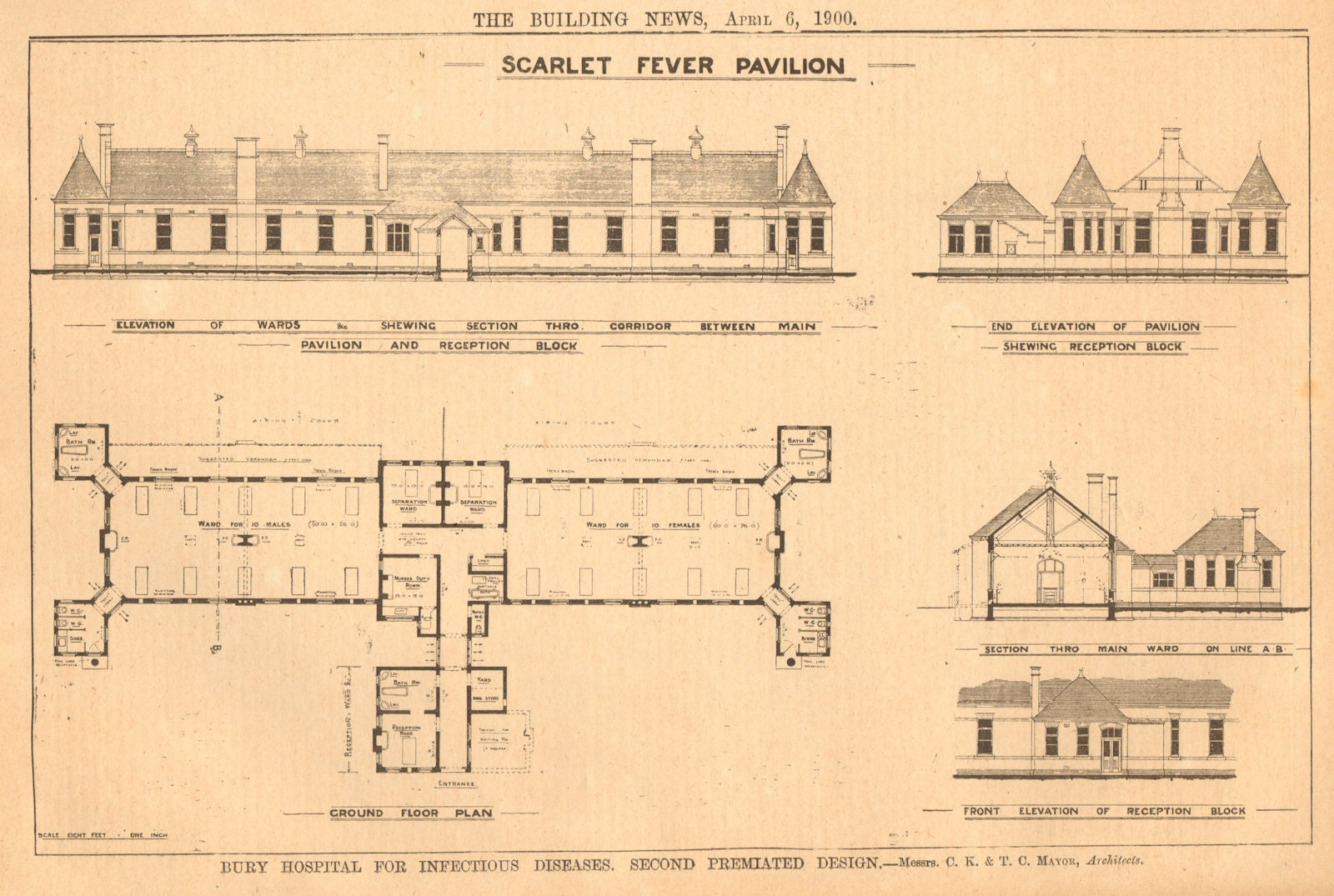 Bury Hospital for Infectious Diseases. Scarlet Fever Pavilion 1900 old print